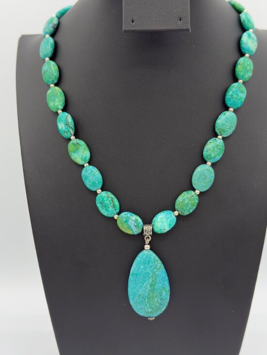 Vintage Stauer Sterling Silver Chrysocolla Pendant Necklace Green Aqua Drop 20"L - Picture 1 of 13